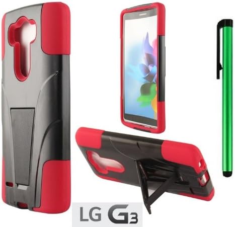 LG G3 Premium T-Stand / Side-Stand Hybrid Holster Design Protector Hard Cover Case (For 2014 LG New Flagship Android Phone) + 1 of New Assorted Color Metal Stylus Touch Screen Pen (RED / BLACK)