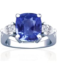 18K White Gold Cushion Cut Blue Sapphire Three Stone Ring