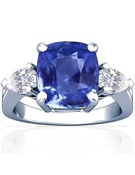 14K White Gold Cushion Cut Blue Sapphire Three Stone Ring