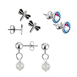 Girls Sterling Silver and Surgical Stainless Steel April Birthstone Earrings Set of 3