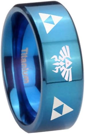 8MM Blue IP Titanium Triforce & Legend of Zelda Pipe Cut Men's Ring Size 13