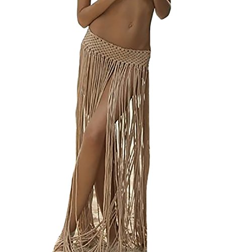 Bestyou Women's Crochet Knit Elastic Waist Tassel Fringe Cover up Beach Maxi Skirt