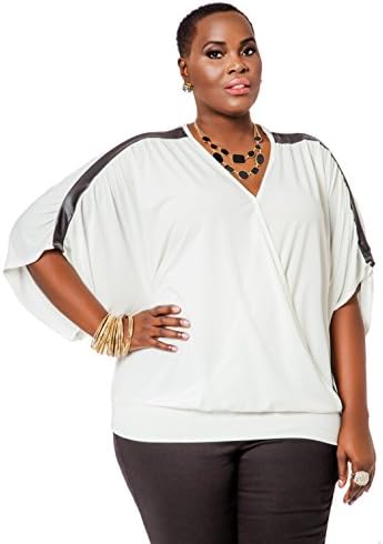 Ashley Stewart Women's Plus Size Banded Bottom Pleather Trimmed Top - Size: 18/20, Color: Ivory