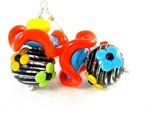 Light Weight Blown Glass Dangle Earrings with Colorful Funky Flowers and Ruffles