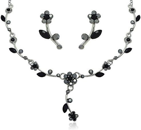 Black Diamond Color Crystal Buttercup Rhinestone Flower Necklace and Earrings Jewelry Set [Bridal Jewelry]