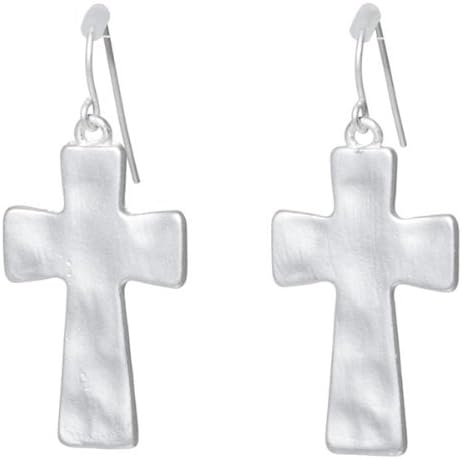 Designer Inspired 1.25 Inch Matte Silver Toned Hammered Cross Earrings.