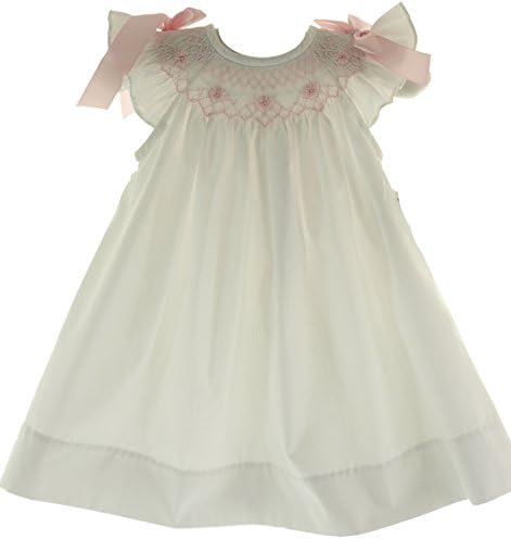 Girls White Smocked Angel Bishop Dress Pink Smocking (NB)