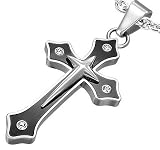 Silver and Black Cross/Crucifix Pendant with Four CZ Stones (Chain NOT Inlcuded) - Supplied in Gift Pouch