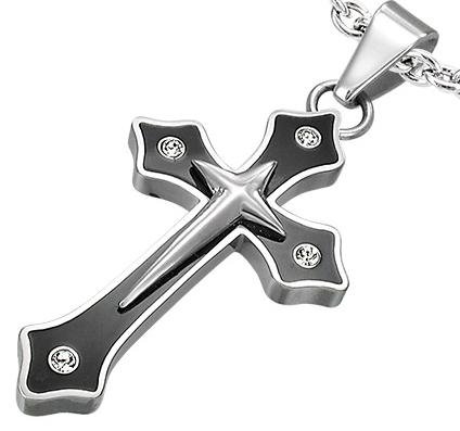 Silver and Black Cross/Crucifix Pendant with Four CZ Stones (Chain NOT Inlcuded) - Supplied in Gift Pouch