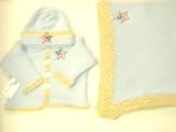 Knitted on Hand Knitting Machine Blue Cotton Hand Crochet Finished with Beige Chenille Infant Boys Cardigan Hat Set and Large Blanket Size 32 By 45 Inches Trimmed with Star American Flag