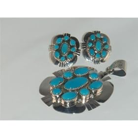 Navajo Sterling Silver Turquoise Pendant and Earrings Set - ST-0003 by 14