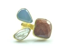 Hand Made Triple Stone Ring - Gold Plated with Fabulous Gems