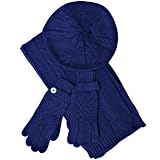 CABLE KNIT NAVY BLUE BERET HAT SCARF & GLOVE SET