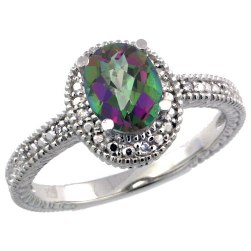 Sterling Silver Vintage Style Oval Mystic Topaz Stone Ring w/ 0.04 Carat Brilliant Cut Diamonds & 0.80 Carat (7x5mm) Oval Cut Gemstone (Available in Sizes 5 to 10), size 9
