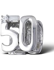 .925 Sterling Silver "Number 50 Fifty 50th Birthday" Charm Bead Compatible with Pandora Chamilia Troll Charm Bracelet