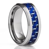 8MM Men's Tungsten Carbide Ring Wedding Band with Blue Carbon Fiber Inlay