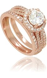 Sterling Silver 18k Rose Gold Flashed Round Cut Cubic Zirconia Halo Set of 3 Stacking Ring