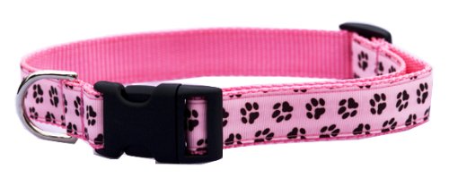 Large Pink/Brown Puppy Paws Dog Collar: 1" wide, Adjusts 18-28".