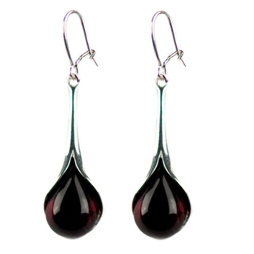 Black Cherry Amber and Sterling Silver Tears Of Blood Drop Earrings