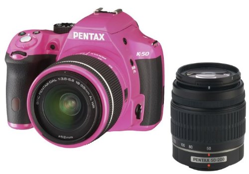 spec Pentax K-50 16MP Digital SLR Camera Kit with DA L 18-55mm WR f3.5-5.6 and 50-200mm WR Lenses (Pink)