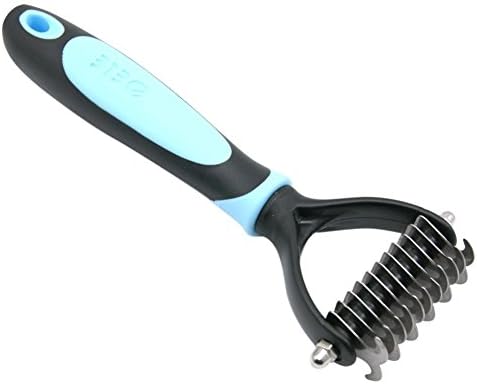 Kasjet Pet Fur Knot Cutter Remove Rake Grooming Shedding Brush Comb Rake Dog Cat Long Short Hair Metal Blade (Blue)