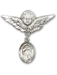 Sterling Silver Baby Badge with St. Ursula Charm and Angel with Wings Badge Pin