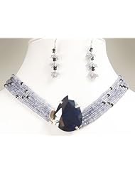 Designer Handmade Natural Faceted Sapphire & Tanzanite Beaded Choker with 925 Sterling Silver Pear Sapphire Clasp with Free Earrings