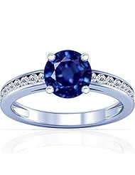 14K White Gold Round Cut Blue Sapphire Ring With Sidestones