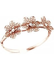 925 Sterling Silver Two Toned Bangle With Centered Diamond Cut Filigree Flowers And 14K Rose Gold Plating