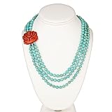 3 Strand Turquoise, Sponge Coral Rose with Sterling Silver Clasp Knotted Necklace 18 Inch