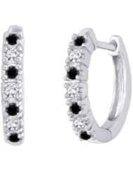 Prong Set Alternating Black and White Diamond Huggie Earrings in 14K White Gold (1/4 cttw)