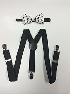 Toddler Baby Boys Girls Child White with Polka Dot Bow Tie Vintage Black Suspender Y Clips
