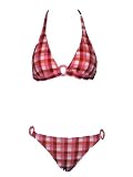 Split Strawberry Checked 2pc Bikini Halter Top W/rings