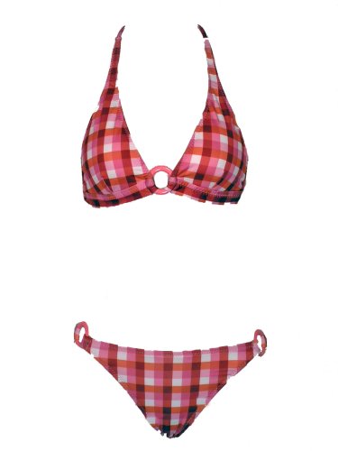 Split Strawberry Checked 2pc Bikini Halter Top W/rings