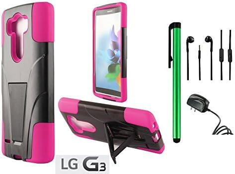LG G3 Premium T-Stand / Side-Stand Hybrid Holster Design Protector Hard Cover Case (For 2014 LG New Flagship Android Phone) + Travel (Wall) Charger + 3.5MM Stereo Earphones + 1 of New Assorted Color Metal Stylus Touch Screen Pen (PINK / BLACK)