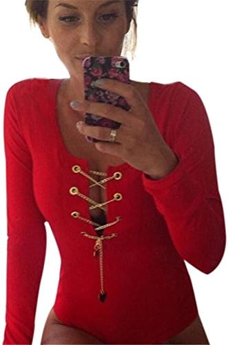 ZHU Womens Sexy V-neck Plunge Lace Up Bodysuit Ladies Long SleeveTie Stretch Leotard Top Blouse