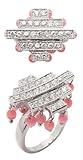 Unique Flat CZ Top Sterling Silver Ring with Dangling Pink Cats Eye Beads (Size 6,7)