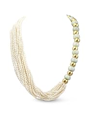 CleverEve Luxury Series Italian Style Anticoa Pearl & Jade Statement Necklace w/ Yellow Gold Plated Silver Beads