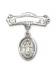 Sterling Silver Baby Badge with St. Isidore the Farmer Charm and Arched Polished Badge Pin