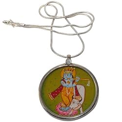 Krishna Pendant with Chain Silver Religious Jewelry Dia 1.25 inches