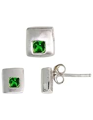 Sterling Silver Matte-finish Square-shaped Stud Earrings (6mm) & Pendant Slide (7mm tall) Set, w/ Princess Cut Emerald-colored CZ Stones