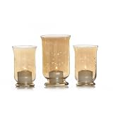 Amber Luster Glass Hurricane with Etching leaf, Set of 3