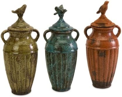 Antiqued Bird Perch Rustic Ceramic Lidded Jars - Set of 3