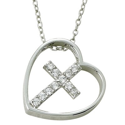 Slanted Heart Necklace with Cubic Zirconia Stones Cross