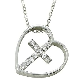 Sterling Silver 3/4" Slanted Heart Necklace with Cubic Zirconia Stones Cross on 18" Chain