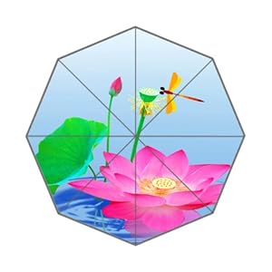 Auto Folding Foldable Umbrella Elegant Noble Ink Painting Pink Lotus Water Lily Green Leaf Root Yellow Dragonfly Clear Pond