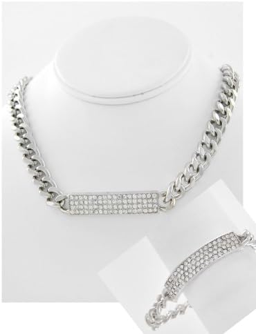 HOT!! Iced Out Rhianna HIP HOP ID Necklace &amp; Bracelet Set w/BLING for Men or Women by Jersey Bling (Silvertone)