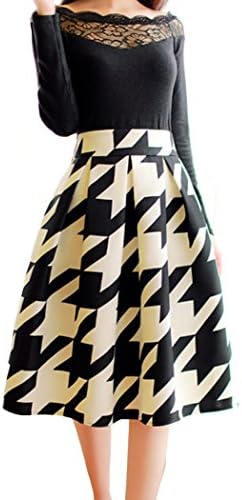 BCBM Women's Knee Length Pleated Vintage Flower Printed Skirt Casual Party Dress(US 8-10 (Size tag XL), Black&White)