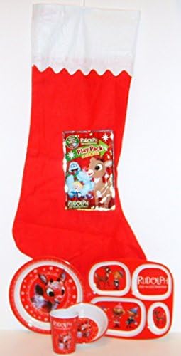 Bundle (6 Items) - Rudolph the Red-nosed Reindeer 4-pc Melamine Mealtime Set, Big Felt Stocking with White or Green Border, and Play Pack Grab &amp; Go (White Stocking Border)