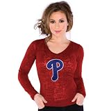 MLB Touch by Alyssa Milano Philadelphia Phillies Ladies Burnout Thermal V-neck Long Sleeve Premium T-Shirt - Red (X-Small)